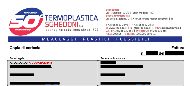 Esempio di fattura TPS con indicata la posizione del codice cliente